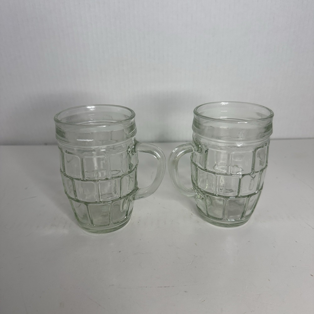 Vtg Pair Clear Green Glass Barrel‎ Shaped Block Pattern Mid-Century Mugs 4" T